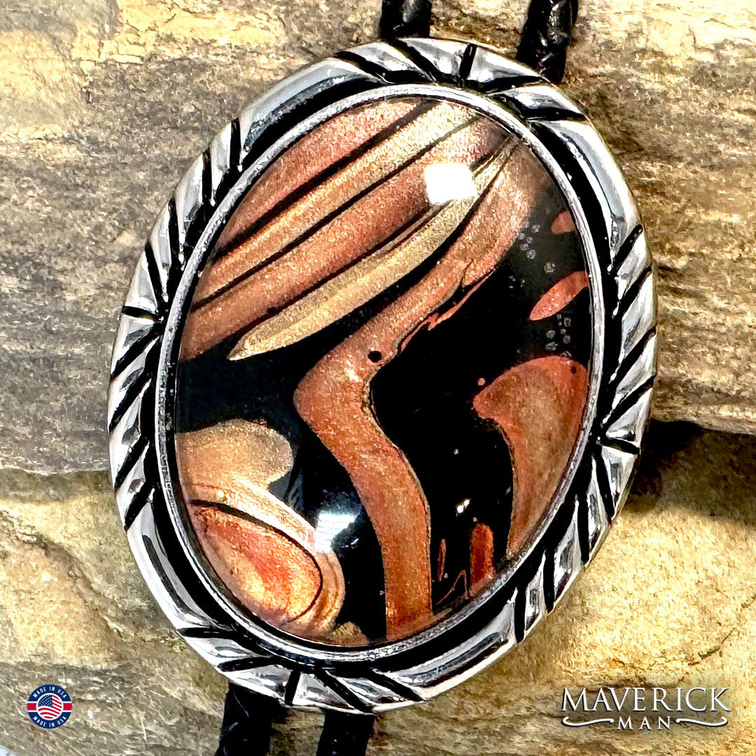 Fabulous and unusual bolo tie with hand painted stone