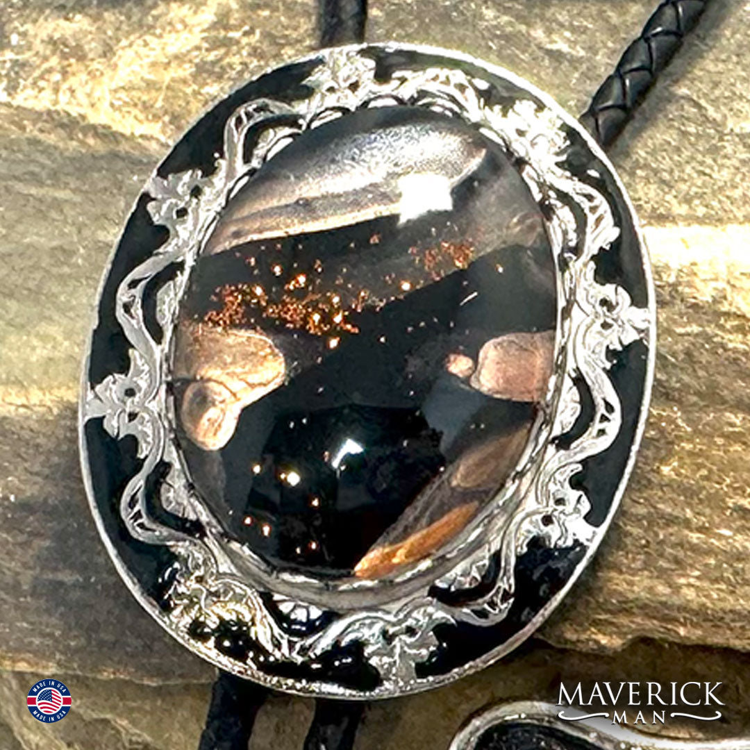 Eye-catching bolo and buckle set with hand painted stones