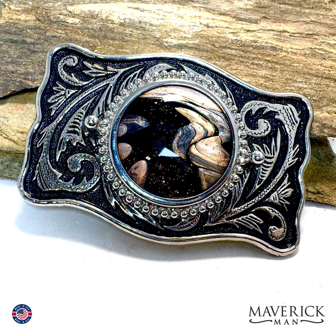 Eye-catching bolo and buckle set with hand painted stones