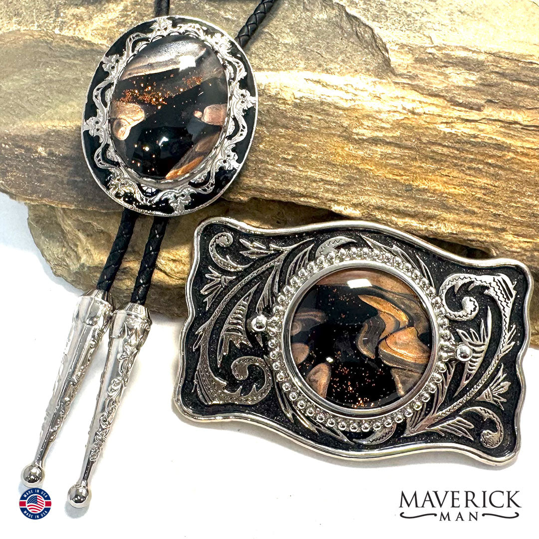 Eye-catching bolo and buckle set with hand painted stones