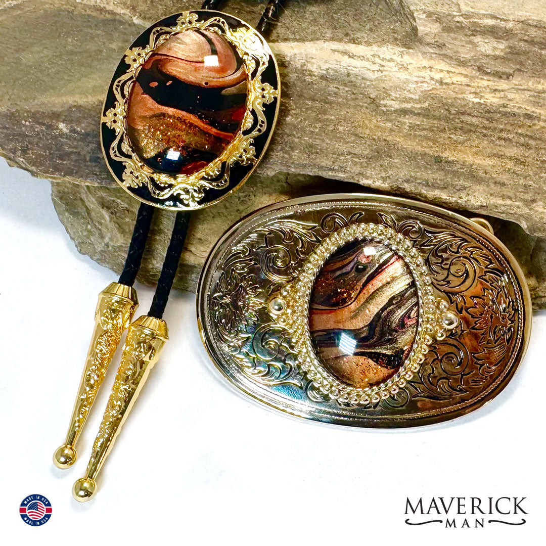 Unusual bolo and buckle set with Earthtone hand painted stones