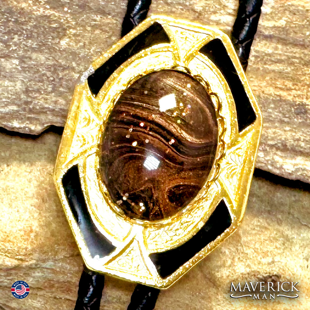 Gold and black bolo tie with modern tiger eye hand painted stone
