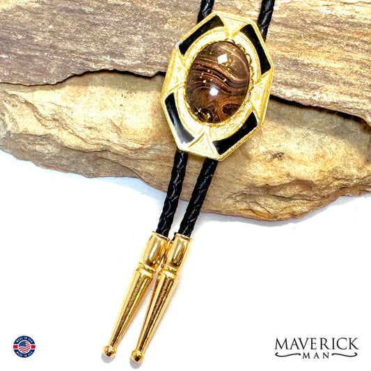 Gold and black bolo tie with modern tiger eye hand painted stone