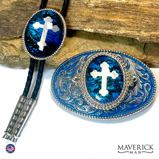 Christian bolo and buckle set with rare blue buckle