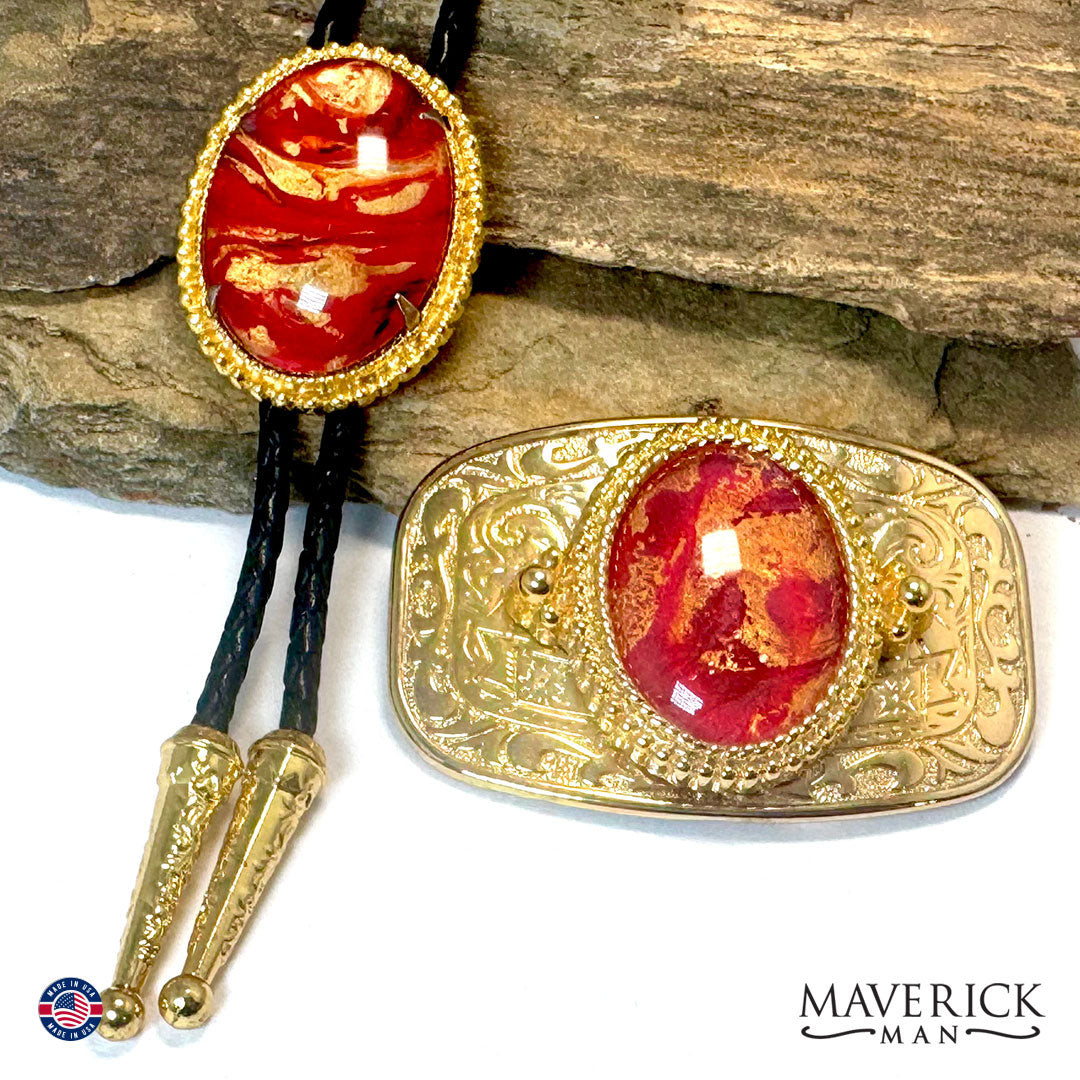 Large red and Gold bolo tie and buckle set