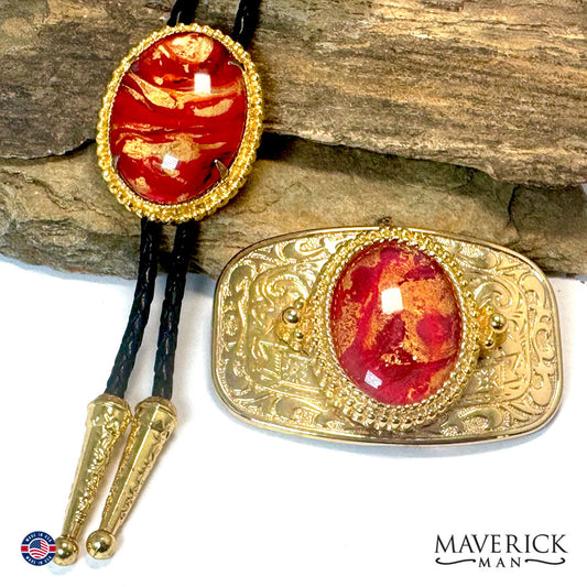 Large red and Gold bolo tie and buckle set