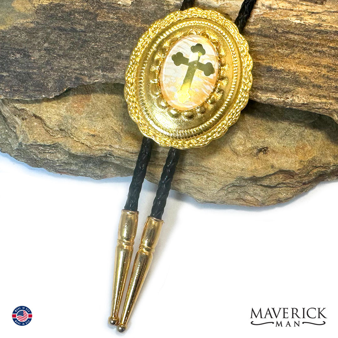 Classy Christian gold and white bolo tie and buckle set