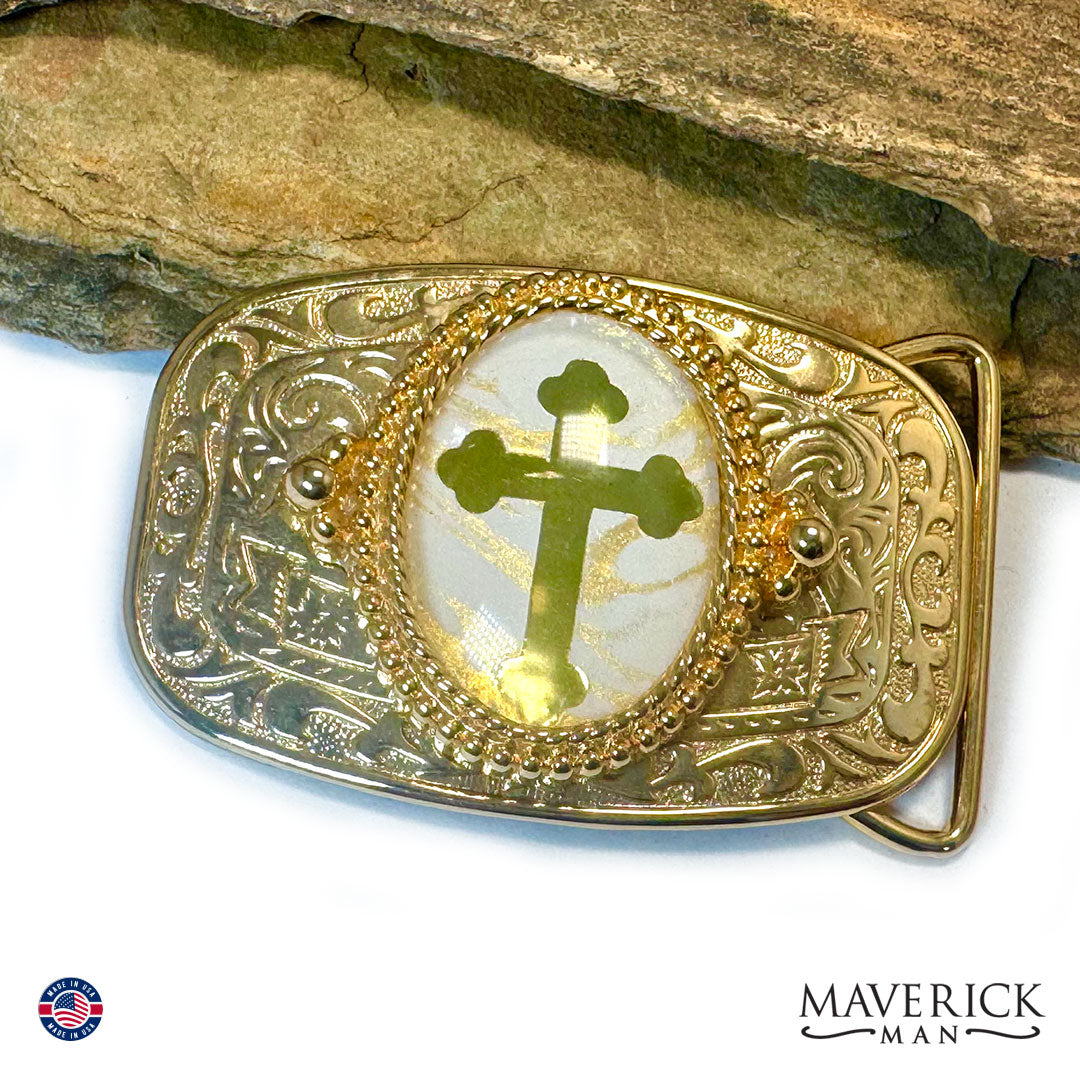 Classy Christian gold and white bolo tie and buckle set