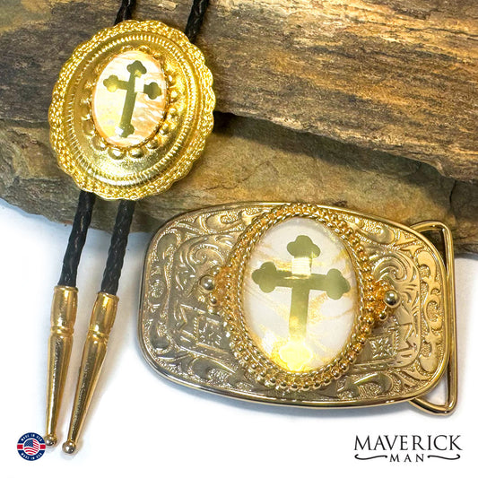 Classy Christian gold and white bolo tie and buckle set