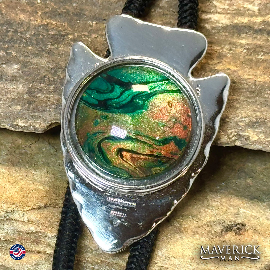 Modern arrowhead bolo with green earthtones hand painted stone