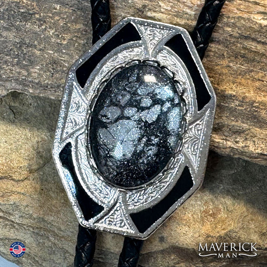 Dressy silver geometric bolo with hand painted stone