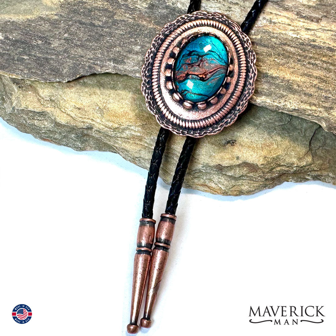 Copper concho bolo with hand painted turquoise and copper stone