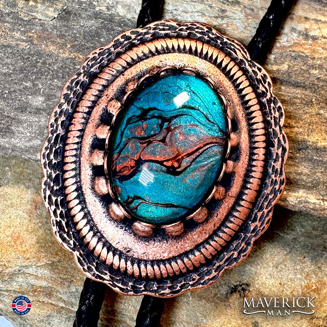 Copper concho bolo with hand painted turquoise and copper stone