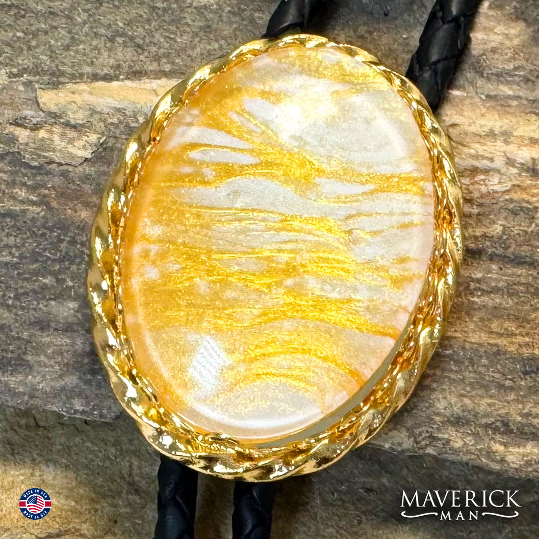 Large golden twist bolo with hand painted stone