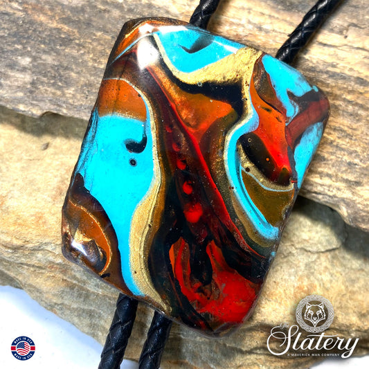 Large hand painted bolo tie made from slate in Southwestern colors