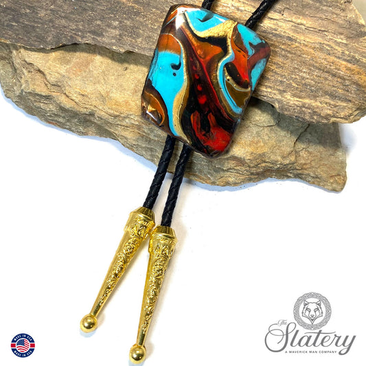 Large hand painted bolo tie made from slate in Southwestern colors