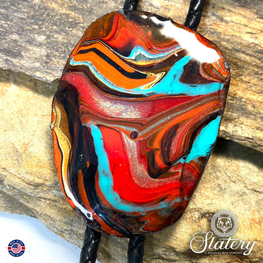 Large hand painted bolo tie made from slate in Southwestern colors