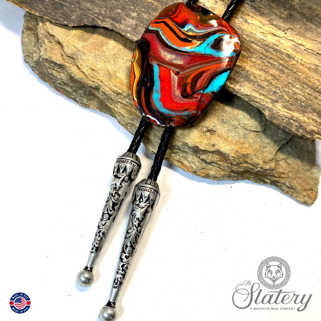 Large hand painted bolo tie made from slate in Southwestern colors