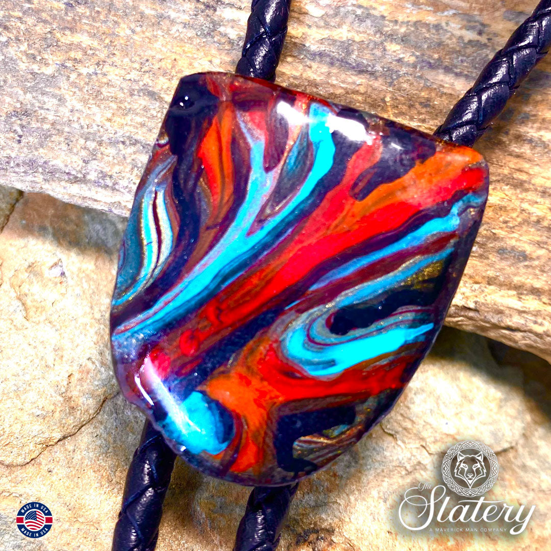 Small hand painted bolo tie made from slate in Southwestern colors