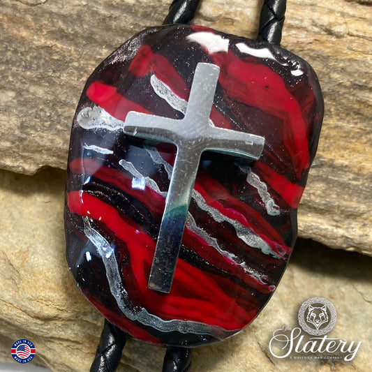 Christian bolo tie made from slate w stainless steel cross