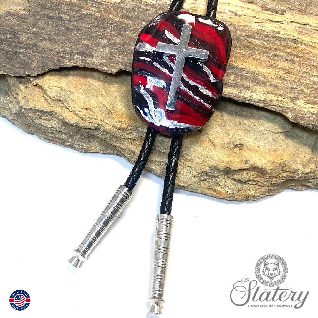 Christian bolo tie made from slate w stainless steel cross