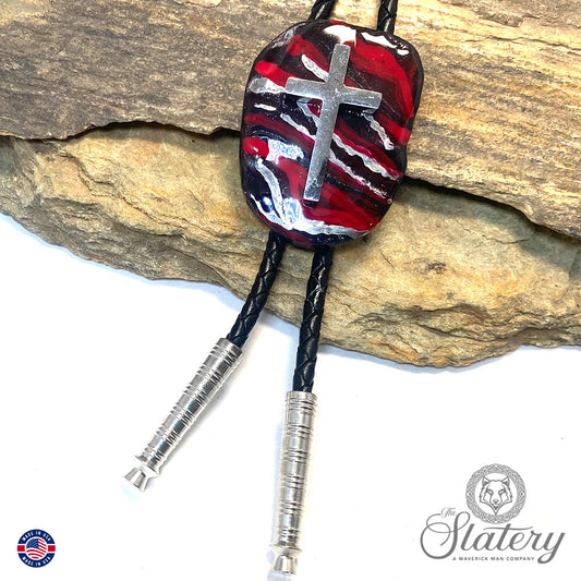 Christian bolo tie made from slate w stainless steel cross