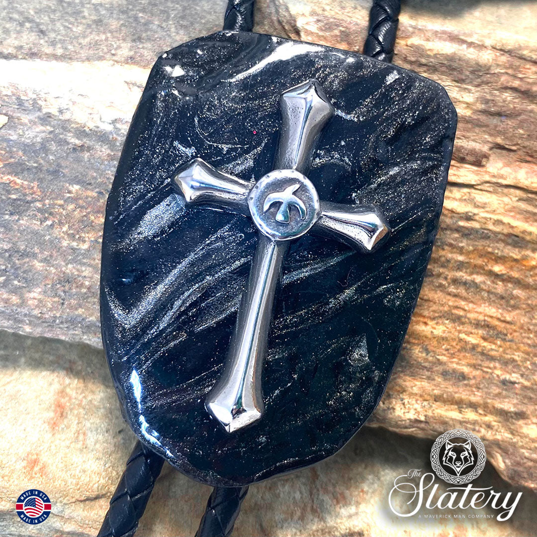 Hand painted slate bolo tie with stainless steel cross