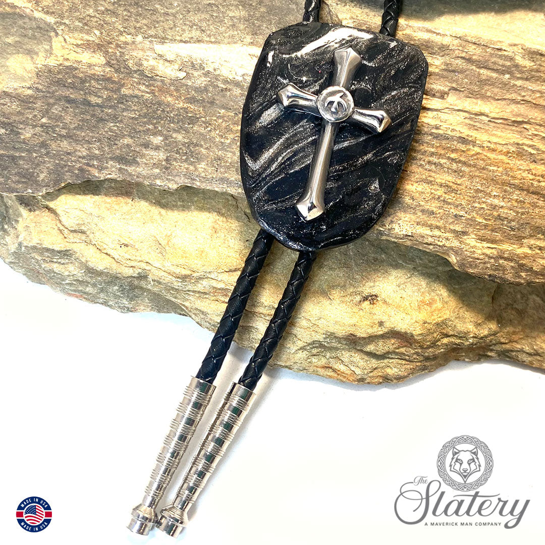 Hand painted slate bolo tie with stainless steel cross