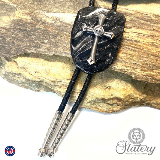 Hand painted slate bolo tie with stainless steel cross