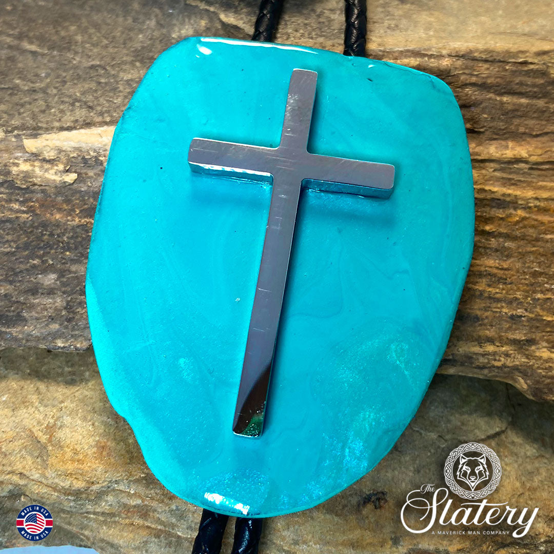 Extra large metallic turquoise bolo tie with stainless steel cross