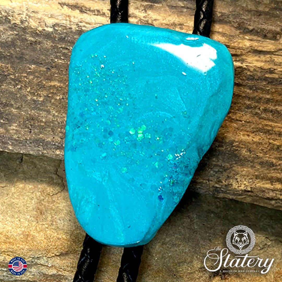 Dressy turquoise bolo tie with glitter