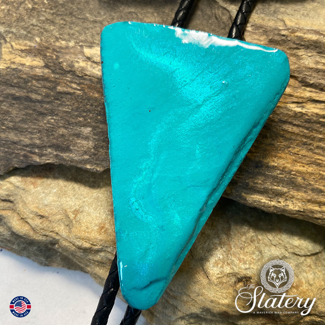 Large metallic turquoise arrowhead bolo tie