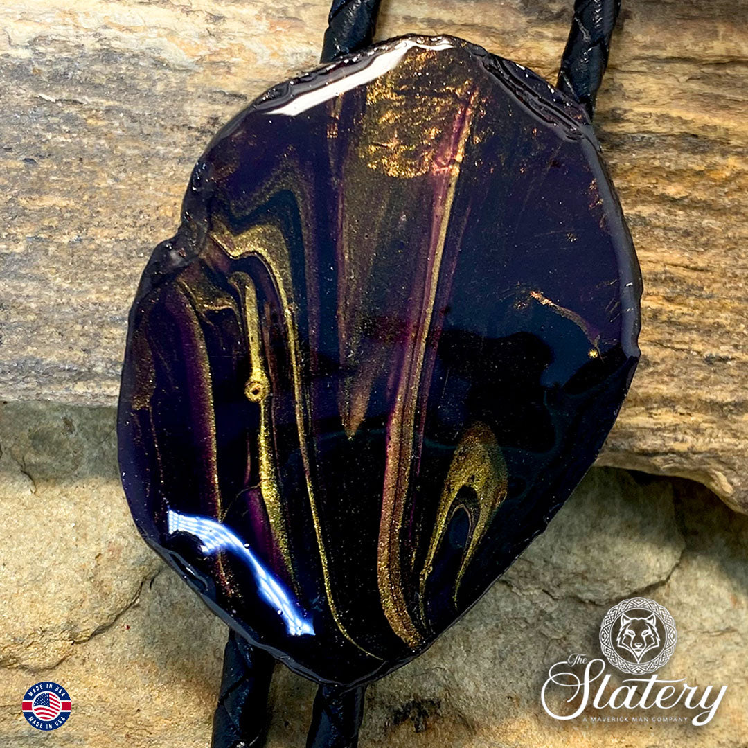 Black bolo tie with purple and gold accents made from slate
