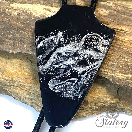 Extra large dressy arrowhead bolo tie in black and silver
