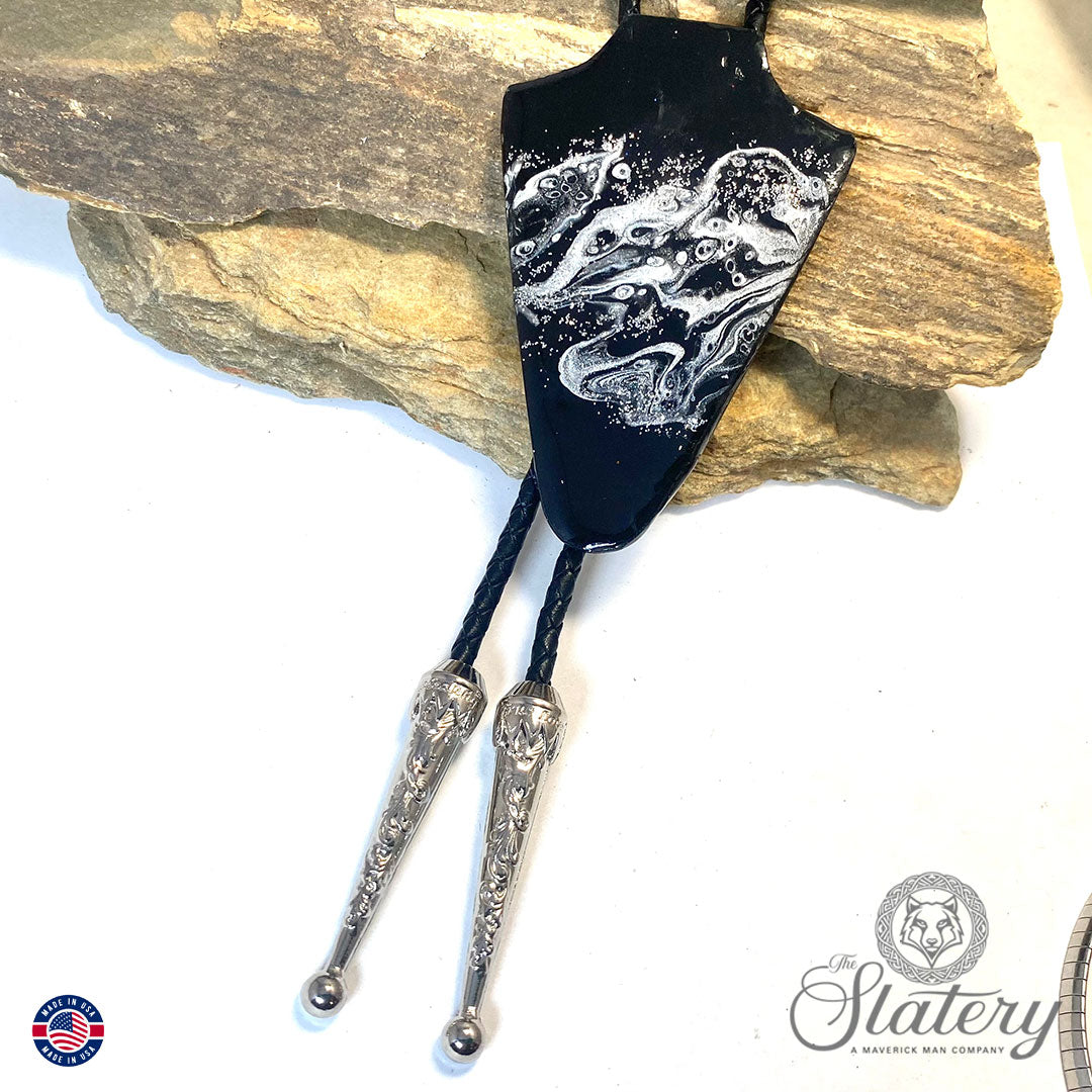 Extra large dressy arrowhead bolo tie in black and silver