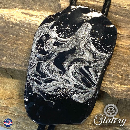 Extra large dressy bolo tie in black and silver