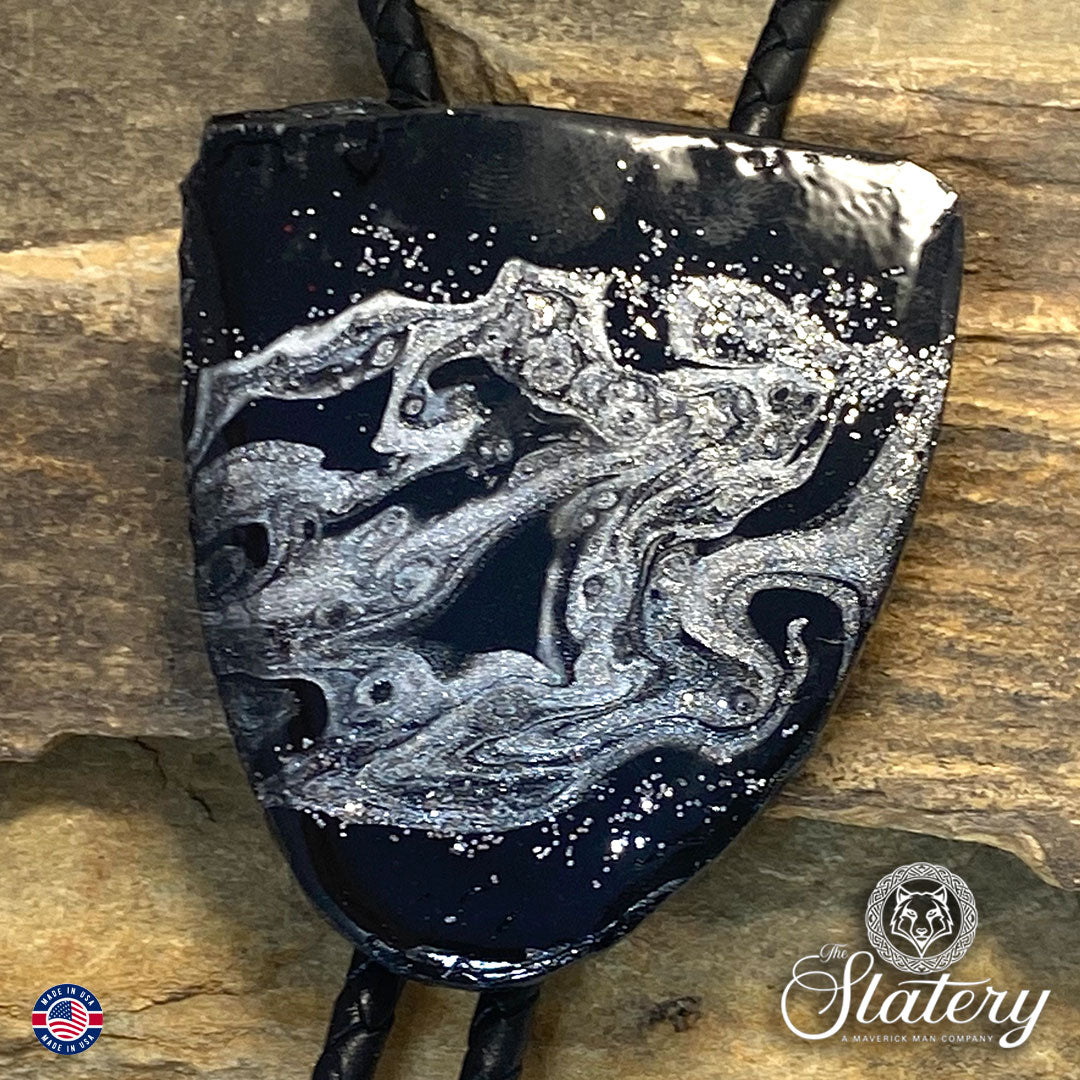 Large dressy bolo tie made from slate with silver glitter