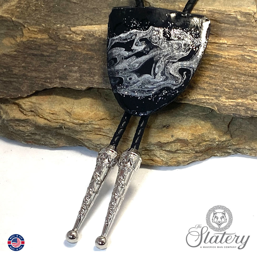 Large dressy bolo tie made from slate with silver glitter