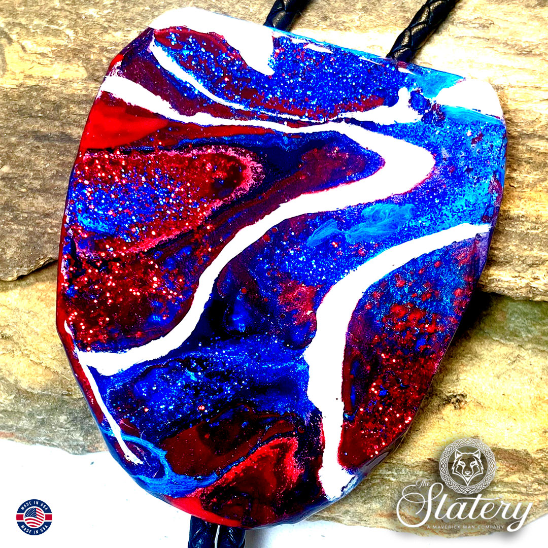 Extra large red white and blue bolo tie made from slate with sparkle