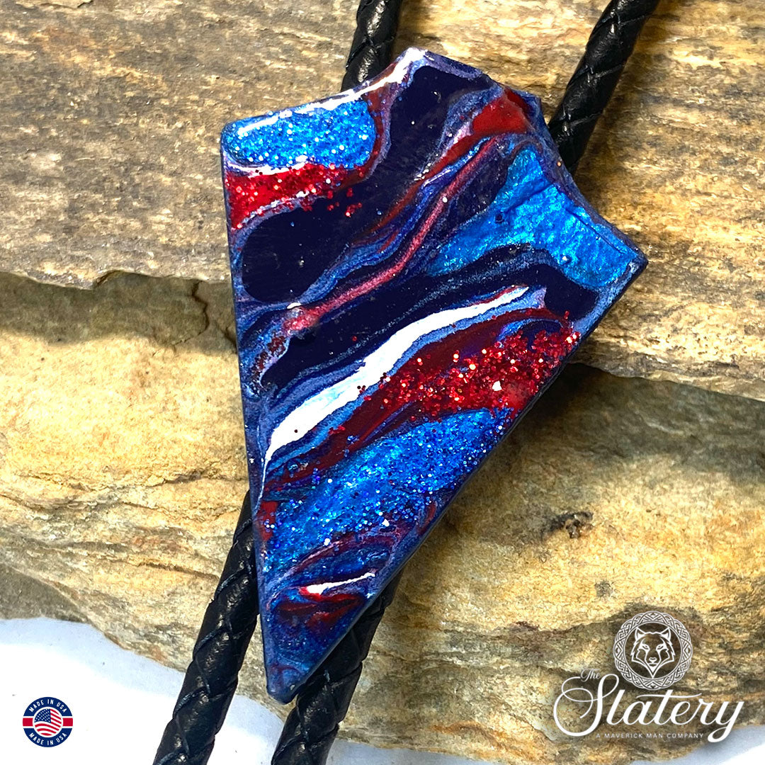 Red white and blue arrowhead bolo tie made from slate