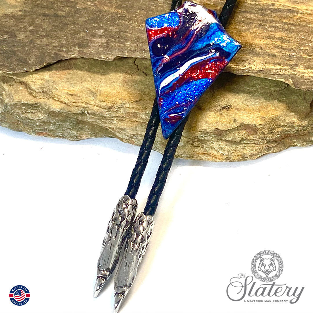 Red white and blue arrowhead bolo tie made from slate
