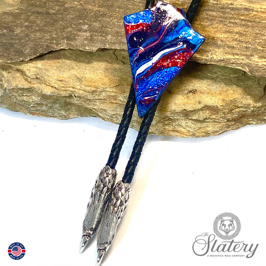 Red white and blue arrowhead bolo tie made from slate