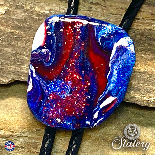 Dressy red white and blue bolo tie with glitter made from slate