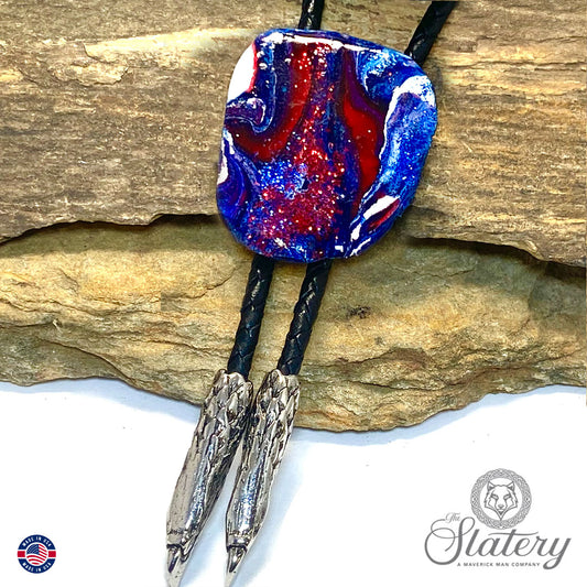 Dressy red white and blue bolo tie with glitter made from slate