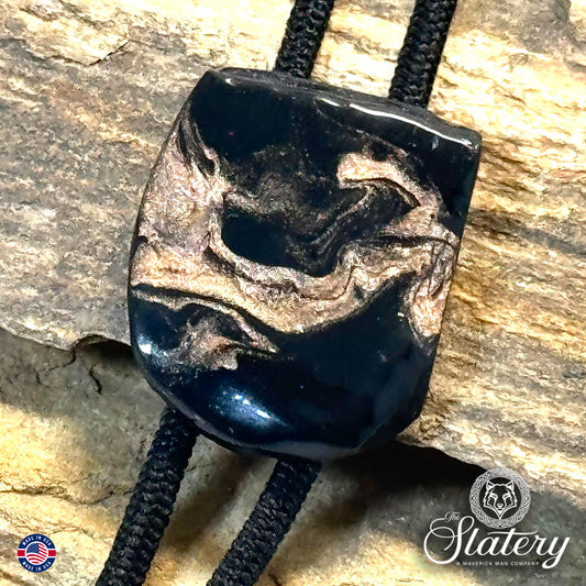 Small bolo tie made from slate with rose gold accents