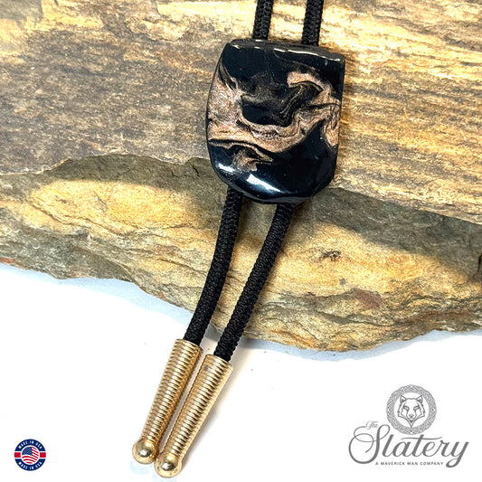 Small bolo tie made from slate with rose gold accents