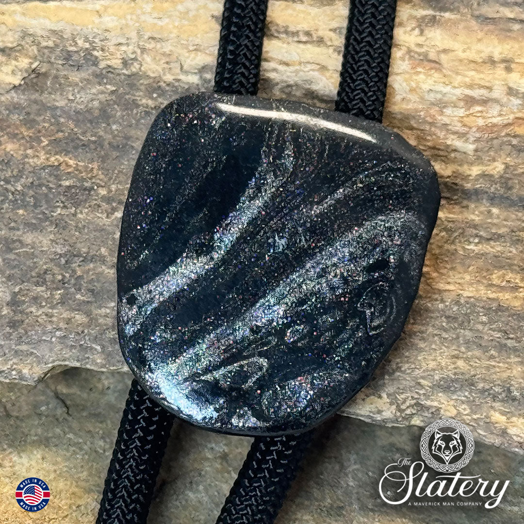 Small bolo tie made from slate with platinum accents