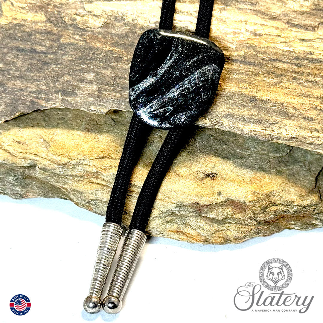 Small bolo tie made from slate with platinum accents