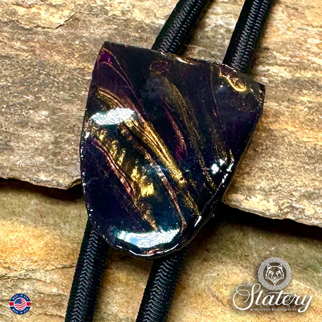 Small purple and gold bolo tie made from slate