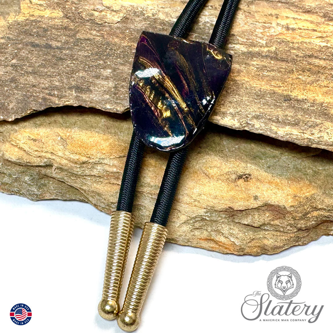 Small purple and gold bolo tie made from slate